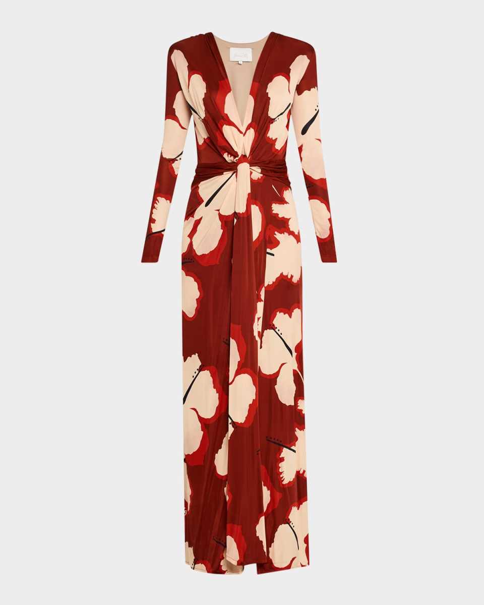 Coral Marino Plunging Twisted Long-Sleeve Maxi Dress